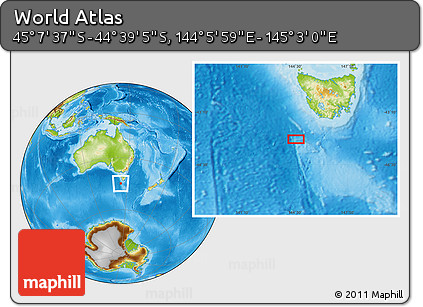 Physical Location Map of the Area around 44° 53' 21" S, 144° 34' 29" E