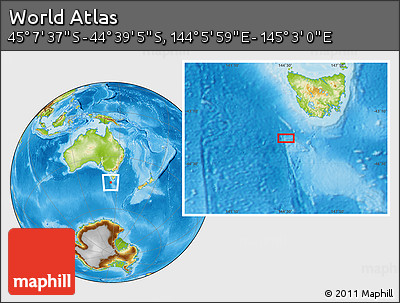 Physical Location Map of the Area around 44° 53' 21" S, 144° 34' 29" E