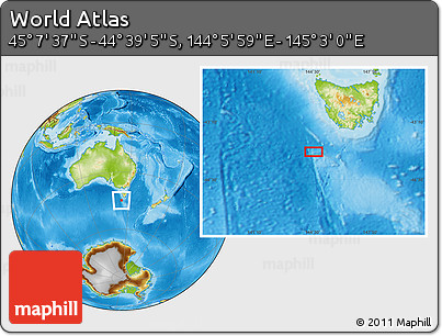 Physical Location Map of the Area around 44° 53' 21" S, 144° 34' 29" E
