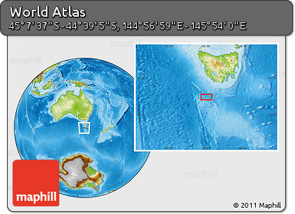 Physical Location Map of the Area around 44° 53' 21" S, 145° 25' 30" E