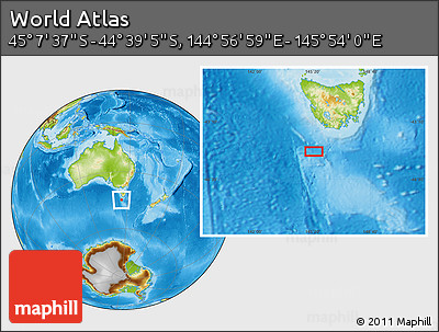 Physical Location Map of the Area around 44° 53' 21" S, 145° 25' 30" E