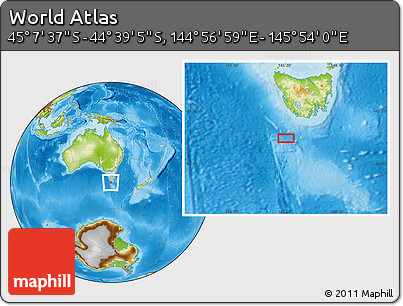 Physical Location Map of the Area around 44° 53' 21" S, 145° 25' 30" E