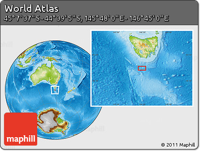 Physical Location Map of the Area around 44° 53' 21" S, 146° 16' 30" E
