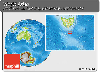 Physical Location Map of the Area around 44° 53' 21" S, 147° 7' 30" E