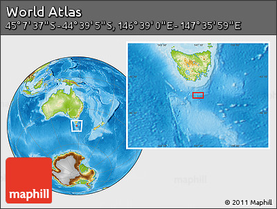 Physical Location Map of the Area around 44° 53' 21" S, 147° 7' 30" E