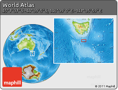 Physical Location Map of the Area around 44° 53' 21" S, 147° 7' 30" E