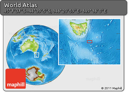 Physical Location Map of the Area around 44° 53' 21" S, 148° 49' 29" E