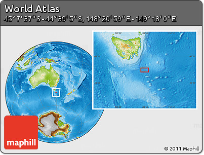 Physical Location Map of the Area around 44° 53' 21" S, 148° 49' 29" E