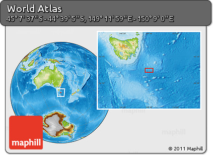 Physical Location Map of the Area around 44° 53' 21" S, 149° 40' 30" E