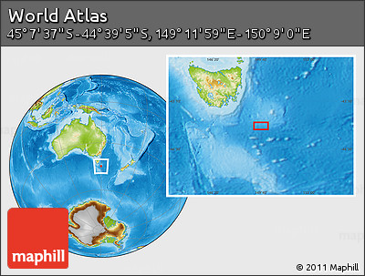 Physical Location Map of the Area around 44° 53' 21" S, 149° 40' 30" E