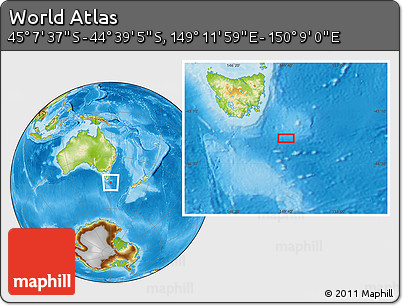 Physical Location Map of the Area around 44° 53' 21" S, 149° 40' 30" E
