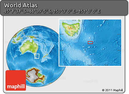 Physical Location Map of the Area around 44° 53' 21" S, 150° 31' 30" E