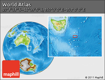 Physical Location Map of the Area around 44° 53' 21" S, 150° 31' 30" E