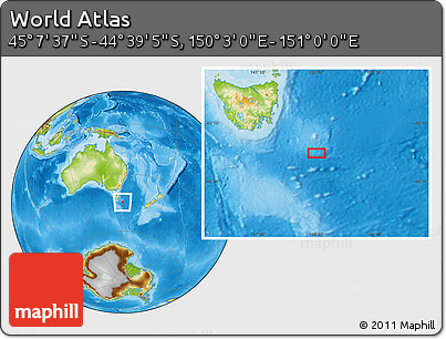 Physical Location Map of the Area around 44° 53' 21" S, 150° 31' 30" E