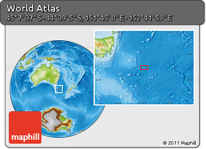Physical Location Map of the Area around 44° 53' 21" S, 152° 13' 29" E