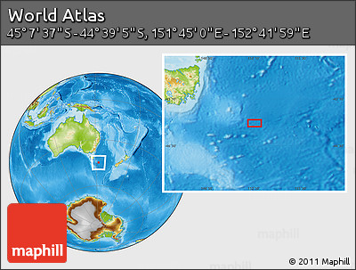 Physical Location Map of the Area around 44° 53' 21" S, 152° 13' 29" E