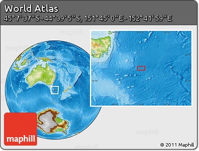 Physical Location Map of the Area around 44° 53' 21" S, 152° 13' 29" E