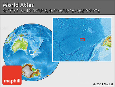 Physical Location Map of the Area around 44° 53' 21" S, 162° 25' 30" E