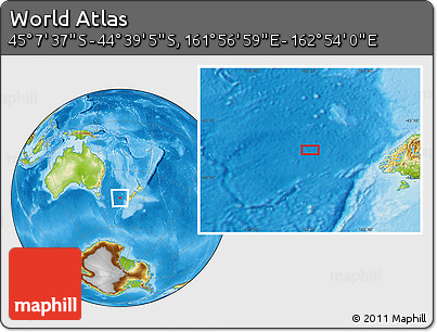 Physical Location Map of the Area around 44° 53' 21" S, 162° 25' 30" E