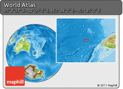 Physical Location Map of the Area around 44° 53' 21" S, 163° 16' 30" E