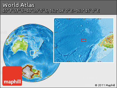 Physical Location Map of the Area around 44° 53' 21" S, 163° 16' 30" E
