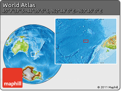 Physical Location Map of the Area around 44° 53' 21" S, 163° 16' 30" E