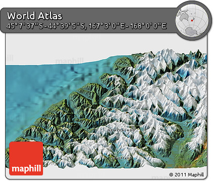 Satellite 3D Map of the Area around 44° 53' 21" S, 167° 31' 30" E