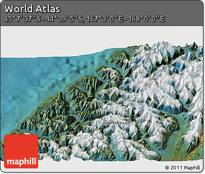 Satellite 3D Map of the Area around 44° 53' 21" S, 167° 31' 30" E