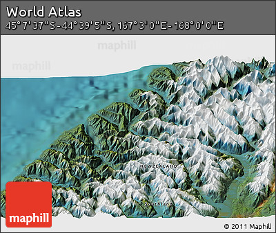 Satellite 3D Map of the Area around 44° 53' 21" S, 167° 31' 30" E