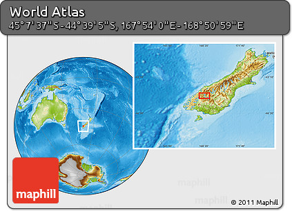 Physical Location Map of the Area around 44° 53' 21" S, 168° 22' 30" E