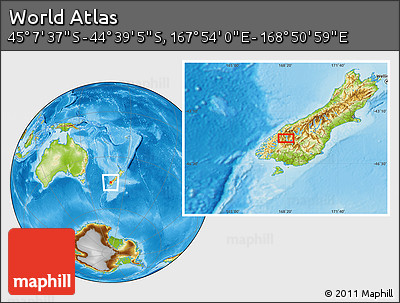 Physical Location Map of the Area around 44° 53' 21" S, 168° 22' 30" E