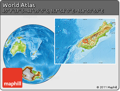 Physical Location Map of the Area around 44° 53' 21" S, 168° 22' 30" E