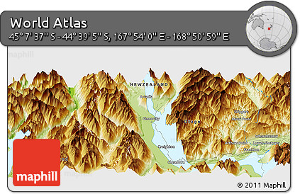 Physical Panoramic Map of the Area around 44° 53' 21" S, 168° 22' 30" E