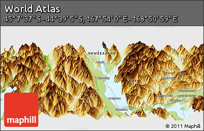 Physical Panoramic Map of the Area around 44° 53' 21" S, 168° 22' 30" E
