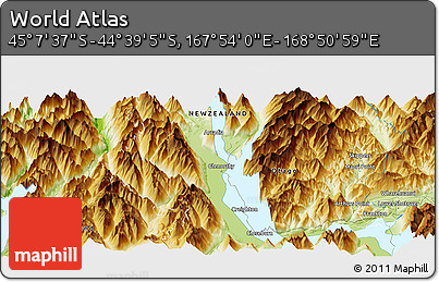 Physical Panoramic Map of the Area around 44° 53' 21" S, 168° 22' 30" E