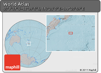Gray Location Map of the Area around 44° 53' 21" S, 176° 52' 30" E, hill shading