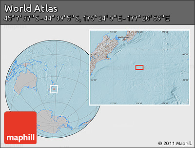 Gray Location Map of the Area around 44° 53' 21" S, 176° 52' 30" E, hill shading