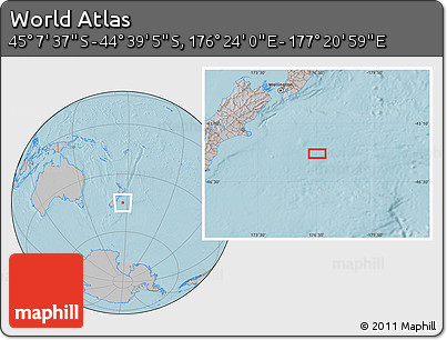 Gray Location Map of the Area around 44° 53' 21" S, 176° 52' 30" E, hill shading