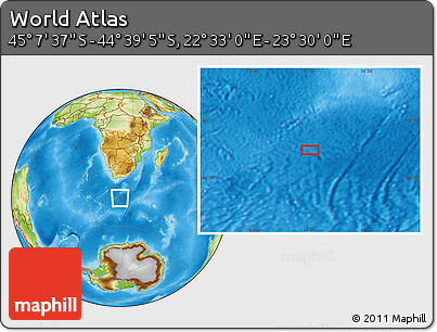 Physical Location Map of the Area around 44° 53' 21" S, 23° 1' 29" E