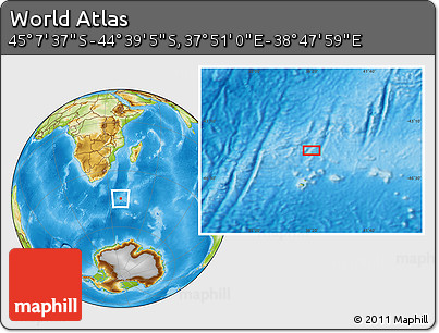 Physical Location Map of the Area around 44° 53' 21" S, 38° 19' 30" E