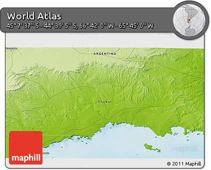 Physical 3D Map of the Area around 44° 53' 21" S, 66° 13' 29" W