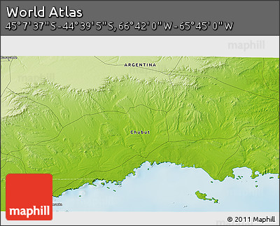 Physical 3D Map of the Area around 44° 53' 21" S, 66° 13' 29" W