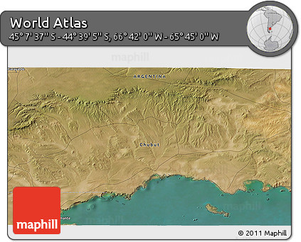 Satellite 3D Map of the Area around 44° 53' 21" S, 66° 13' 29" W