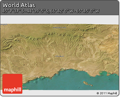 Satellite 3D Map of the Area around 44° 53' 21" S, 66° 13' 29" W
