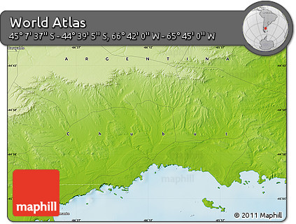 Physical Map of the Area around 44° 53' 21" S, 66° 13' 29" W
