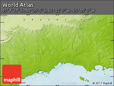 Physical Map of the Area around 44° 53' 21" S, 66° 13' 29" W