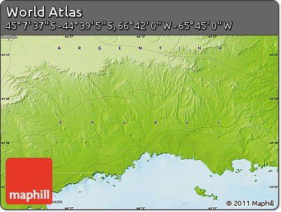 Physical Map of the Area around 44° 53' 21" S, 66° 13' 29" W