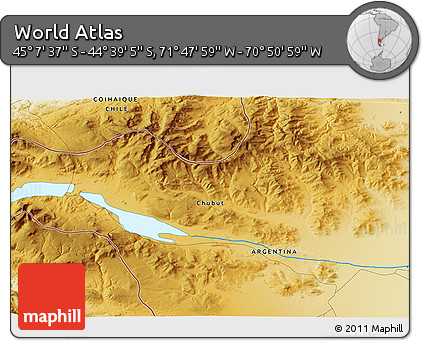 Physical 3D Map of the Area around 44° 53' 21" S, 71° 19' 29" W
