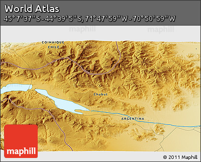 Physical 3D Map of the Area around 44° 53' 21" S, 71° 19' 29" W