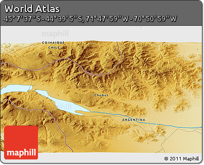 Physical 3D Map of the Area around 44° 53' 21" S, 71° 19' 29" W